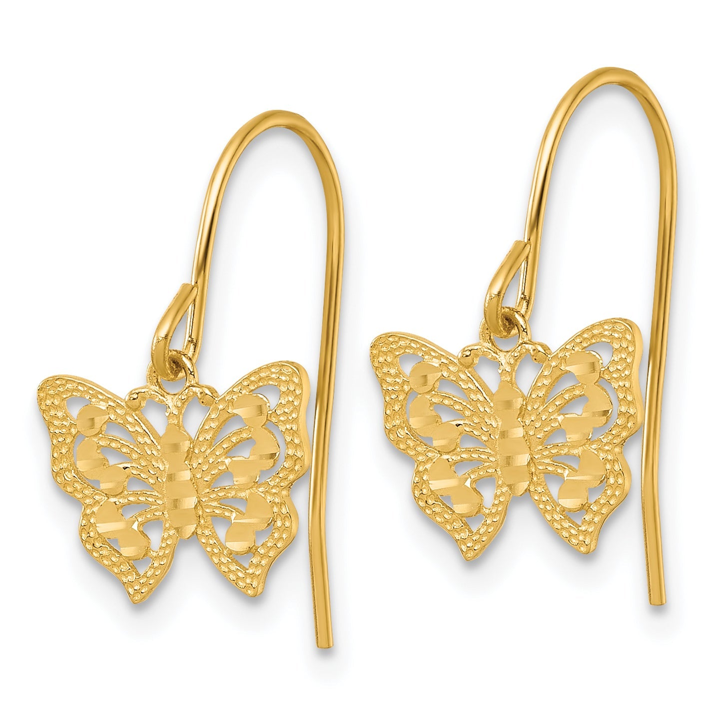 10K Yellow Gold Polished And Diamond-Cut Pierced Butterfly Shepherd Hook Dangle Earrings