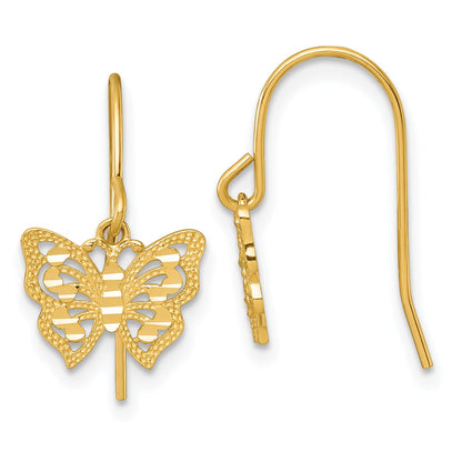 10K Yellow Gold Polished And Diamond-Cut Pierced Butterfly Shepherd Hook Dangle Earrings