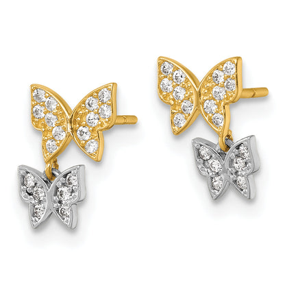 10K Two-Tone Two-Tone Double Butterfly With White Cz Dangle Post Earrings