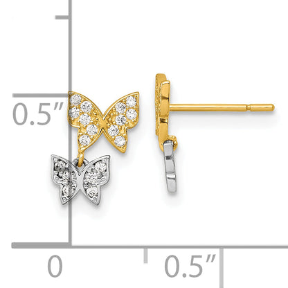 10K Two-Tone Two-Tone Double Butterfly With White Cz Dangle Post Earrings