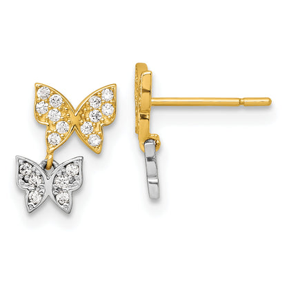 10K Two-Tone Two-Tone Double Butterfly With White Cz Dangle Post Earrings