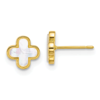 10K Yellow Gold Polished Mother Of Pearl Clover Post Earrings