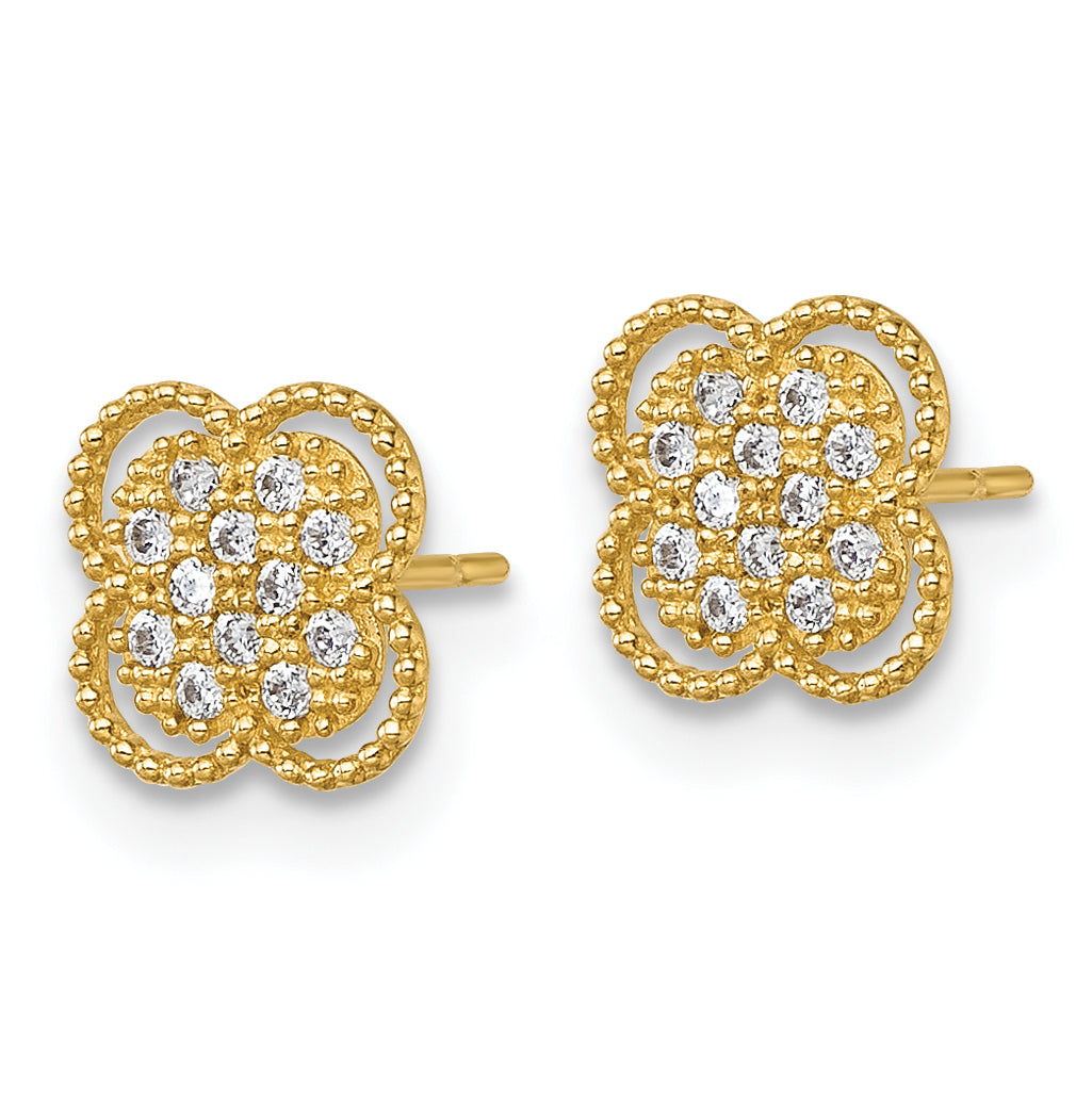 10K Yellow Gold Polished Pave Cz Floral Post Earrings