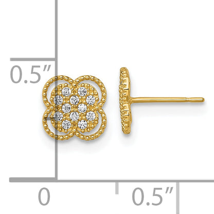 10K Yellow Gold Polished Pave Cz Floral Post Earrings