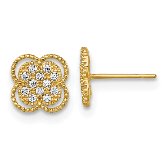 10K Yellow Gold Polished Pave Cz Floral Post Earrings