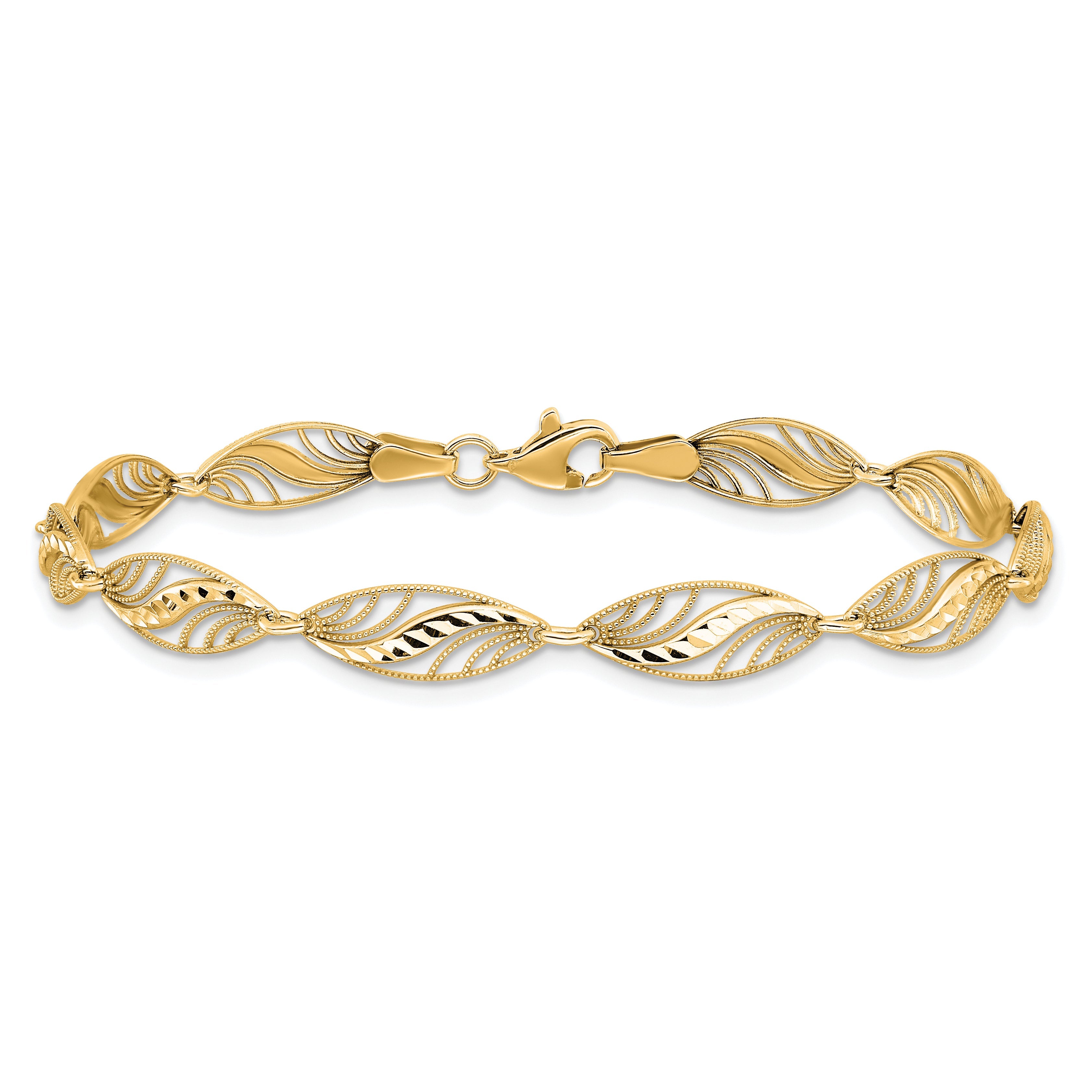 10K Yellow Gold Filigree Diamond Cut 7.25 Inch Bracelet