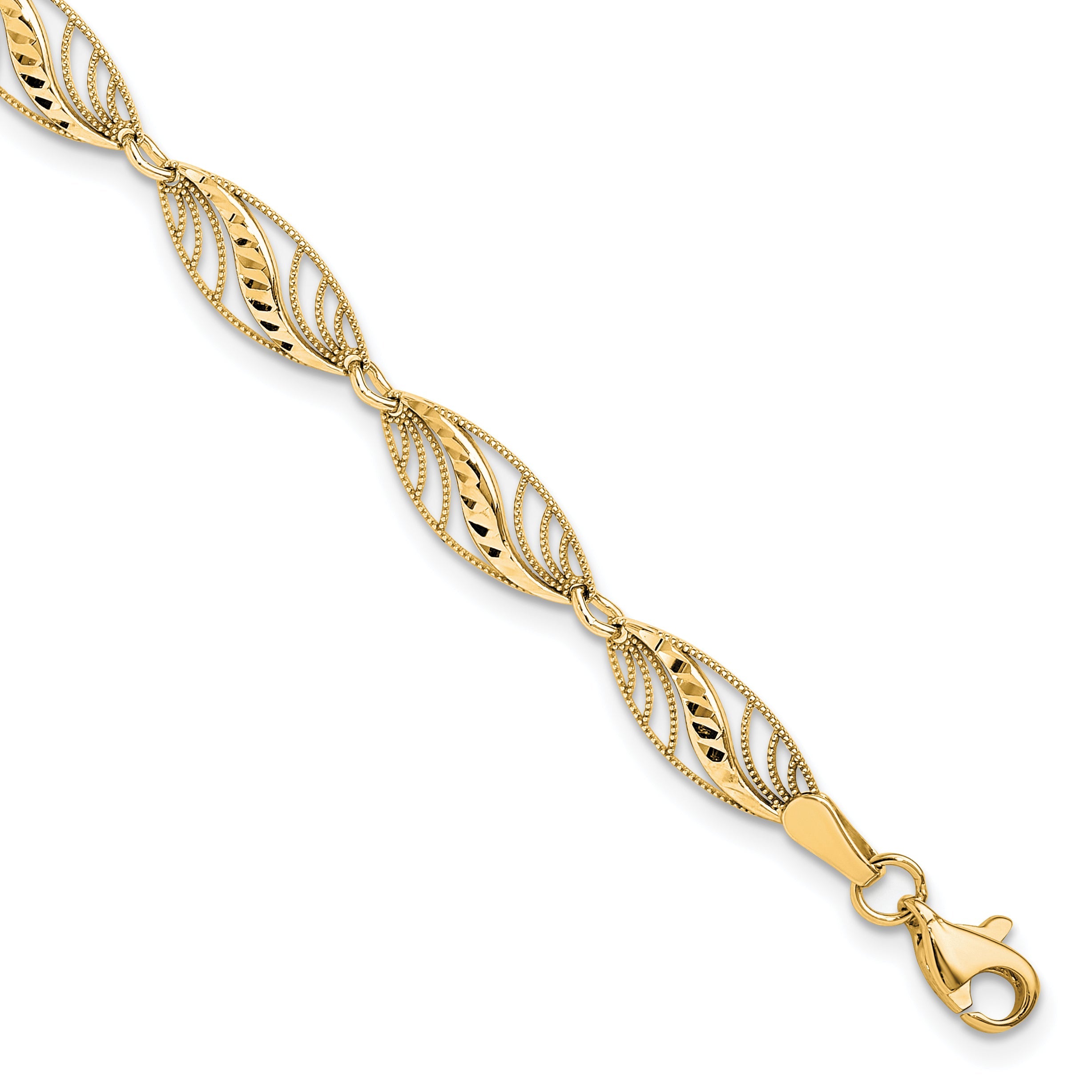 10K Yellow Gold Filigree Diamond Cut 7.25 Inch Bracelet
