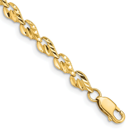 10K Yellow Gold Polished Diamond-Cut Leaf 7 Inch Bracelet