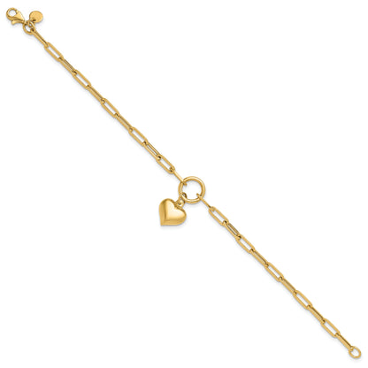 10K Yellow Gold 10K Polished Puff Heart Paper Clip Link Bracelet