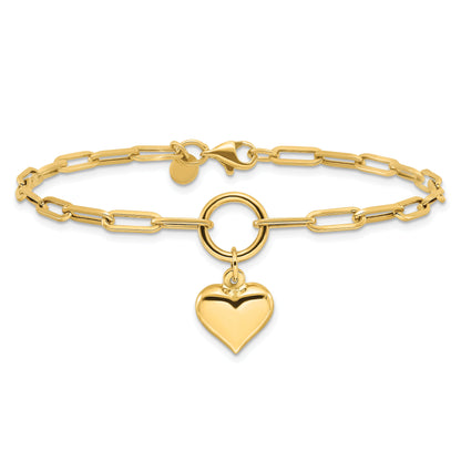 10K Yellow Gold 10K Polished Puff Heart Paper Clip Link Bracelet