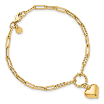 10K Yellow Gold 10K Polished Puff Heart Paper Clip Link Bracelet