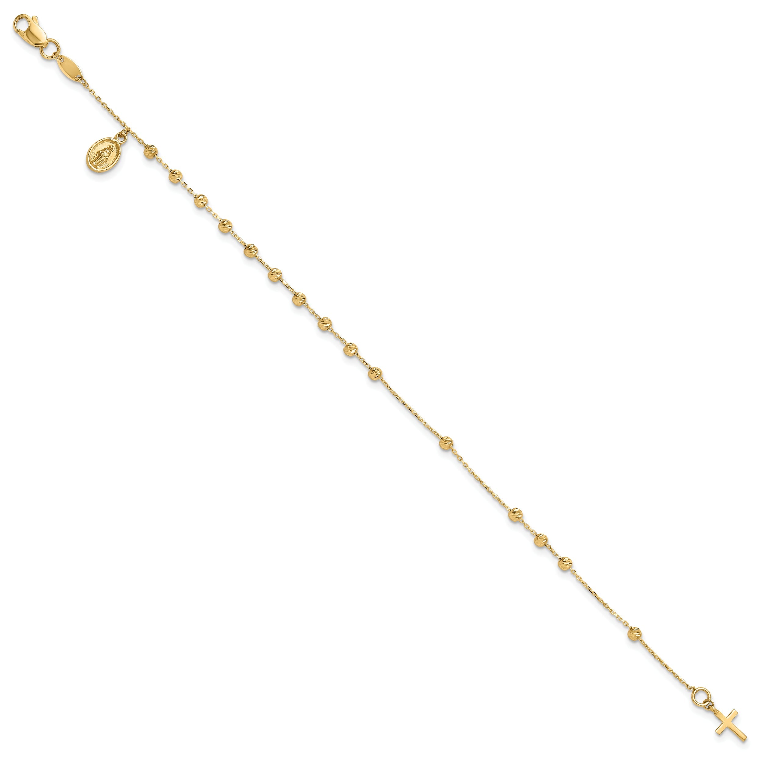 10K Yellow Gold 10K Polished And Diamond-Cut Miraculous Medal Cross Rosary Design Brace