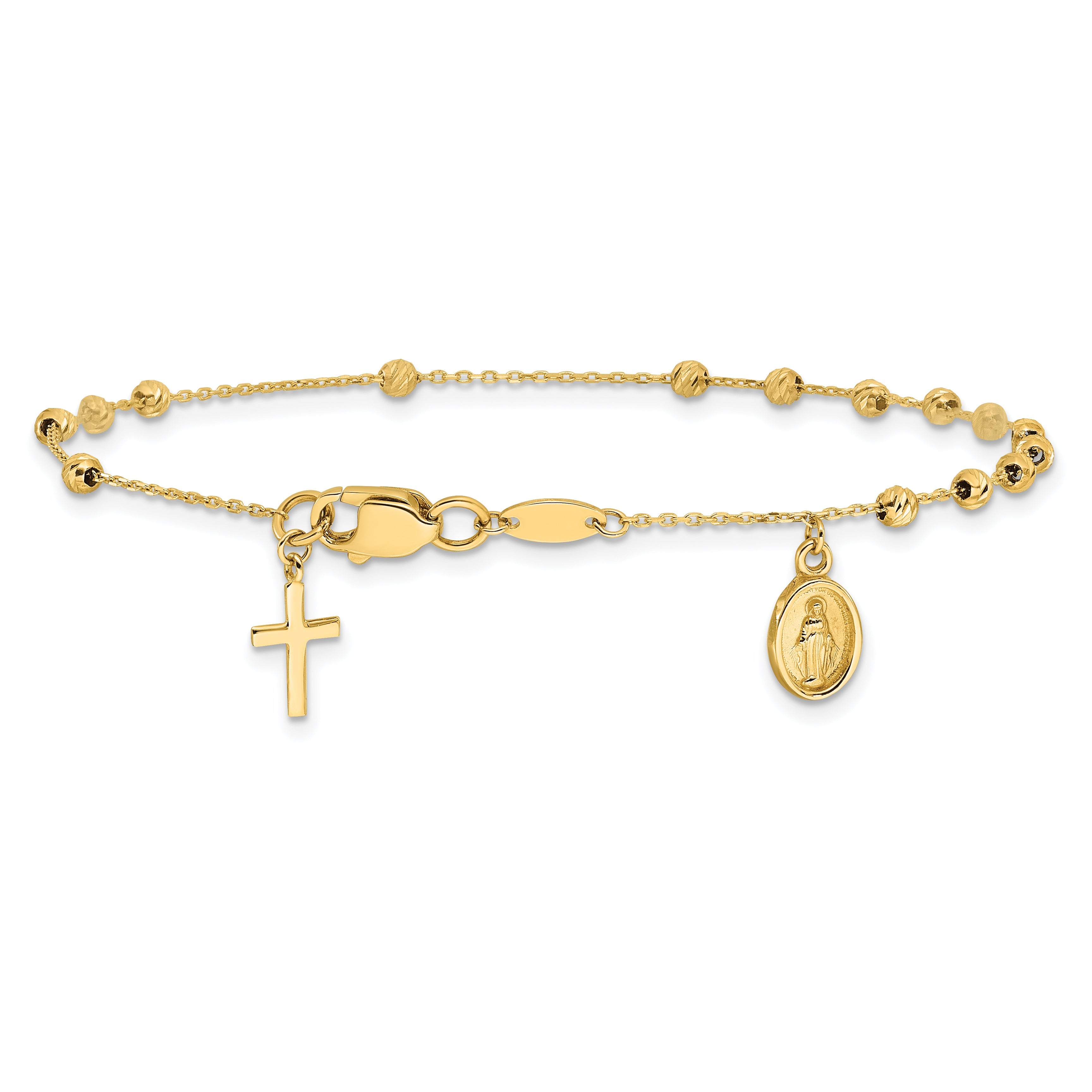 10K Yellow Gold 10K Polished And Diamond-Cut Miraculous Medal Cross Rosary Design Brace