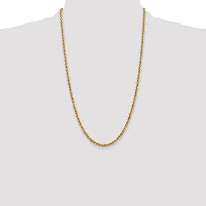 26 Inch 10K Yellow Gold 3mm Regular Rope Chain Necklace