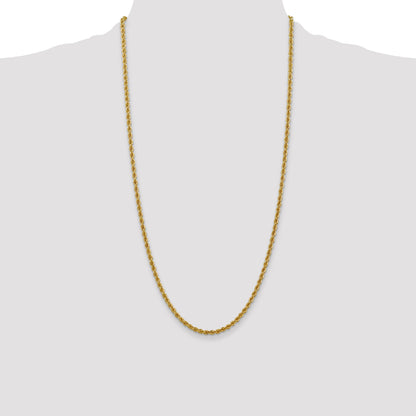 28 Inch 10K Yellow Gold 3mm Regular Rope Chain Necklace