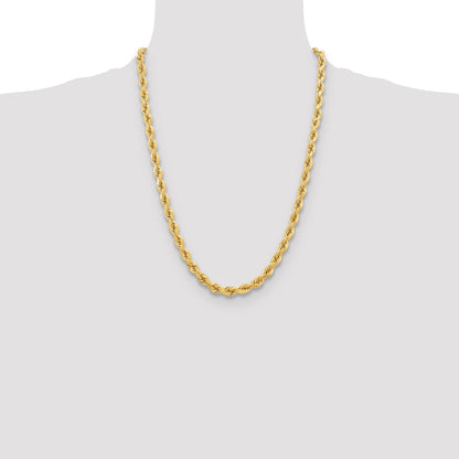 24 Inch 10K Yellow Gold 6.5mm Diamond-Cut Rope Chain Necklace