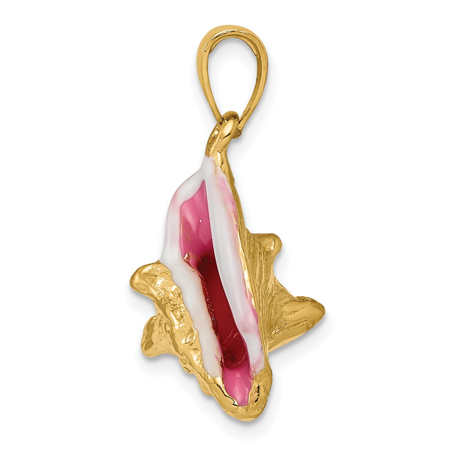 10K Yellow Gold Polished 3-Dimensional Pink & White Enameled Conch Shell Pendant