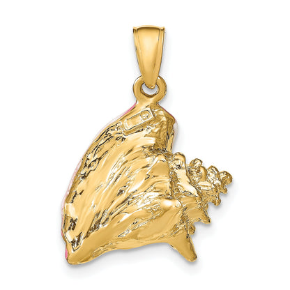 10K Yellow Gold Polished 3-Dimensional Pink & White Enameled Conch Shell Pendant