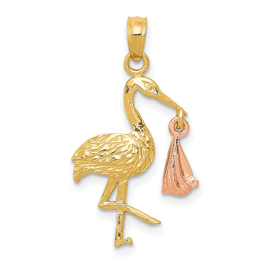 10K Two-Tone Stork W/Dangling Baby Charm
