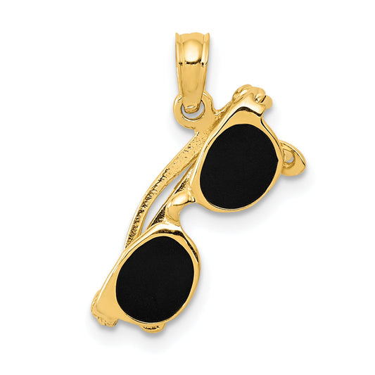 10K Yellow Gold 3-D Black Enameled Moveable Sunglasses Pendant