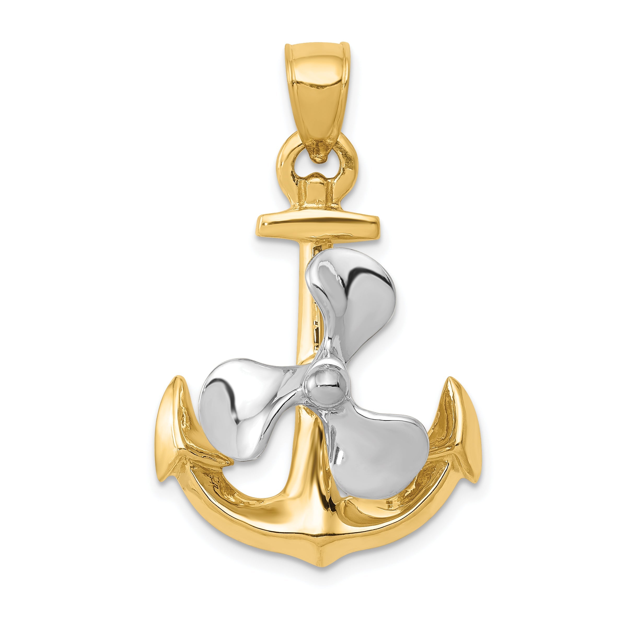 10K Two-Tone 3-D Anchor W/Moveable Propeller Pendant