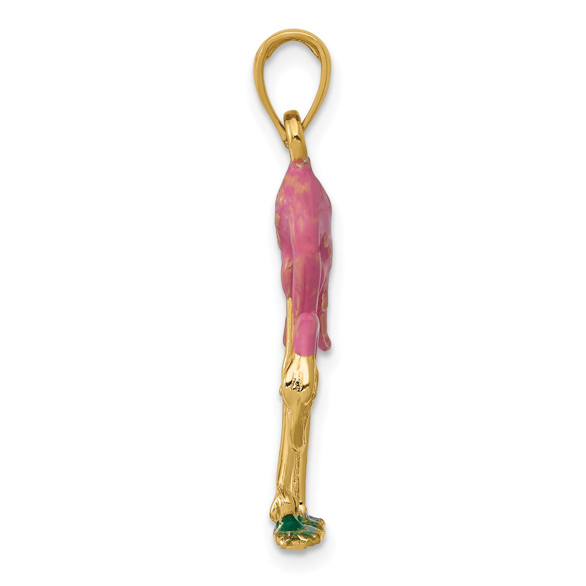 10K Yellow Gold Enameled 3-D Pink Flamingo Pendant