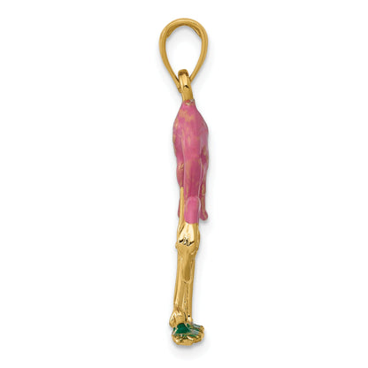 10K Yellow Gold Enameled 3-D Pink Flamingo Pendant