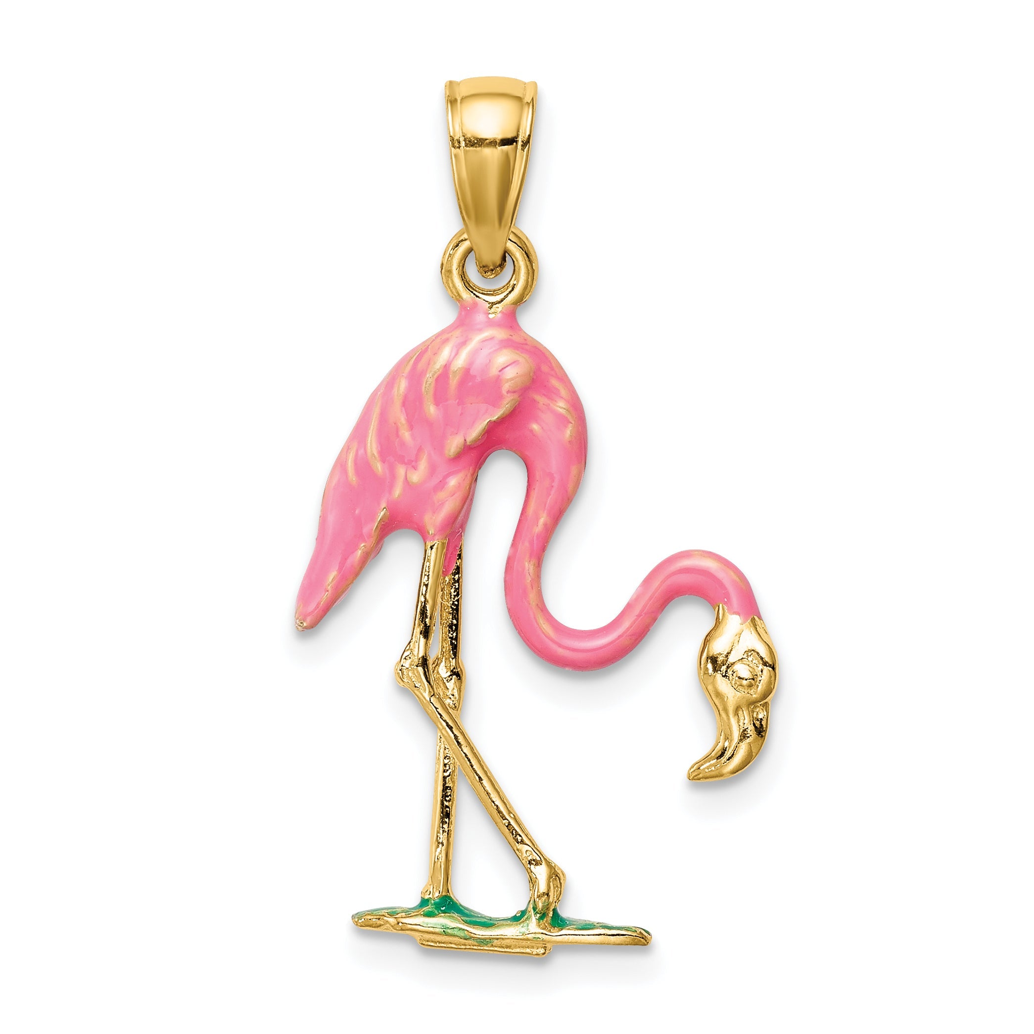 10K Yellow Gold Enameled 3-D Pink Flamingo Pendant