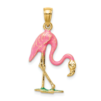 10K Yellow Gold Enameled 3-D Pink Flamingo Pendant