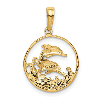 10K Yellow Gold 10K Double Dolphin Circle Pendant