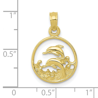 10K Yellow Gold 10K Double Dolphin Circle Pendant
