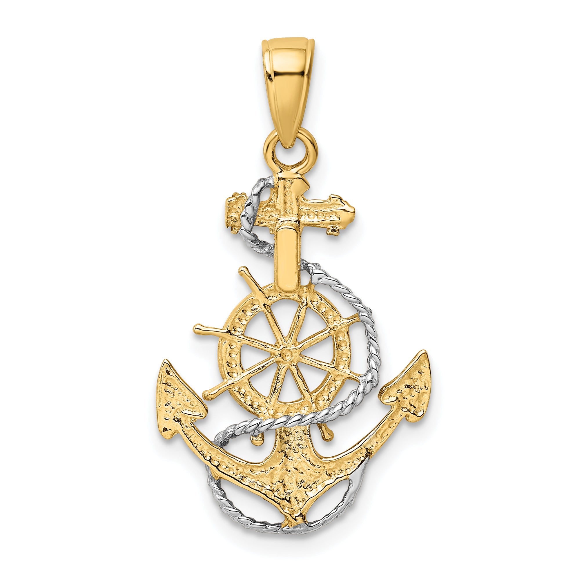 10K Yellow W/Rhodium Anchor W/Rope Pendant
