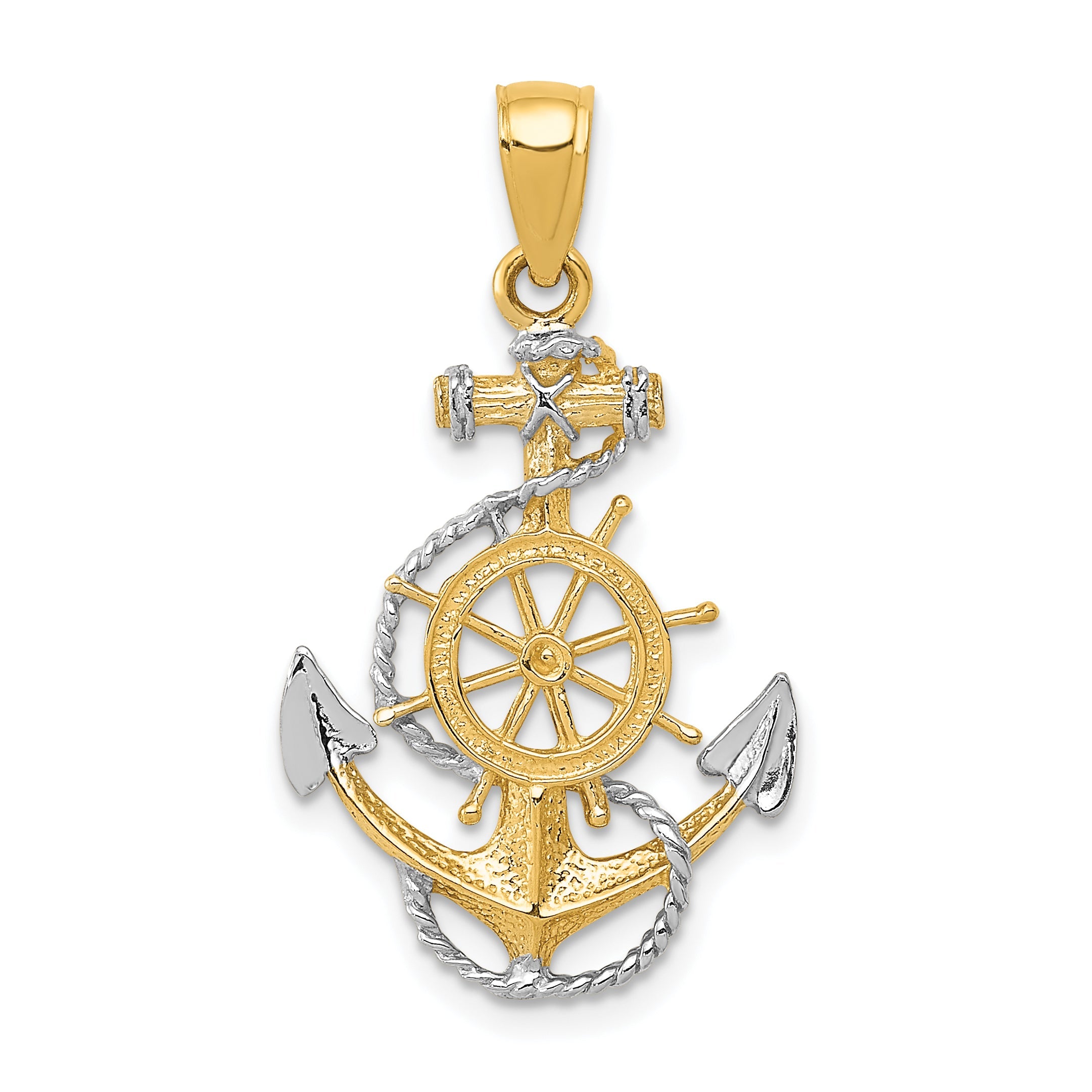 10K Yellow W/Rhodium Anchor W/Rope Pendant