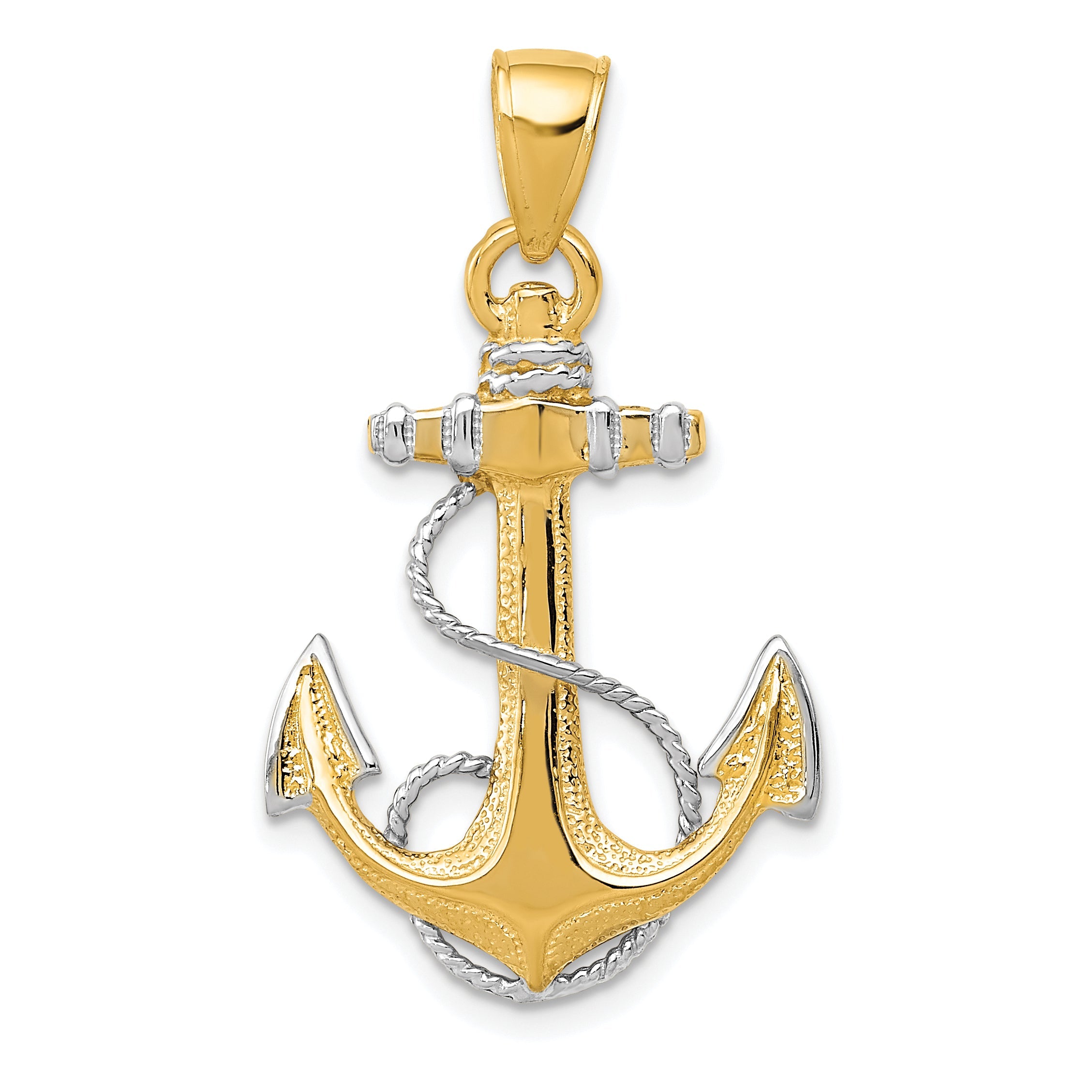 10K Yellow W/Rhodium Yg W/ Rhodium Anchor W/Rope Pendant
