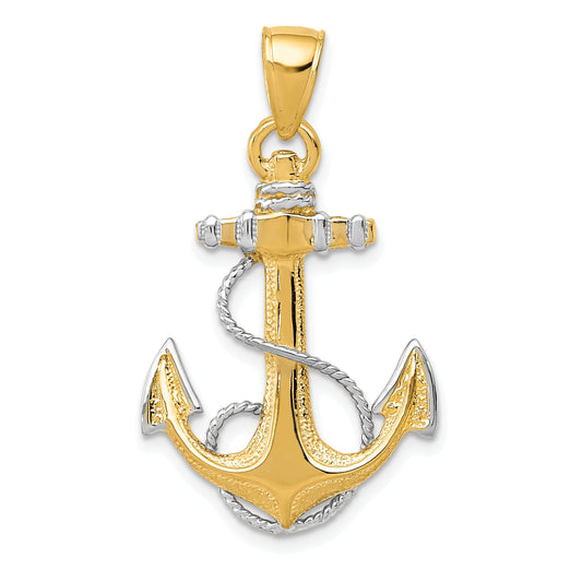 10K Yellow W/Rhodium Yg W/ Rhodium Anchor W/Rope Pendant