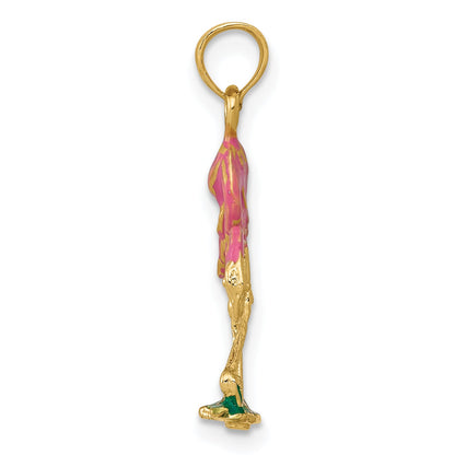 10K Yellow Gold 10K 3-D Enameled Pink Flamingo Pendant