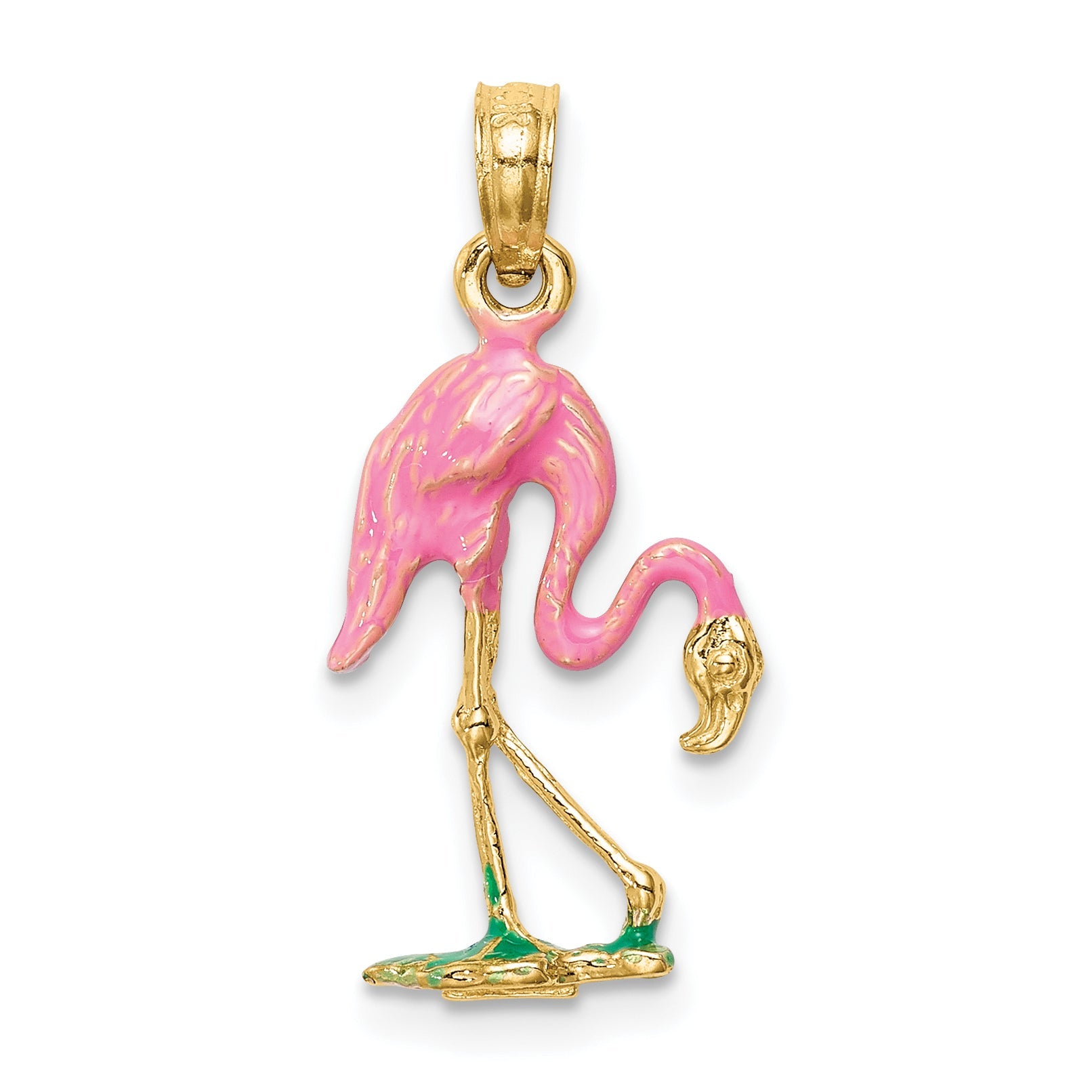 10K Yellow Gold 10K 3-D Enameled Pink Flamingo Pendant