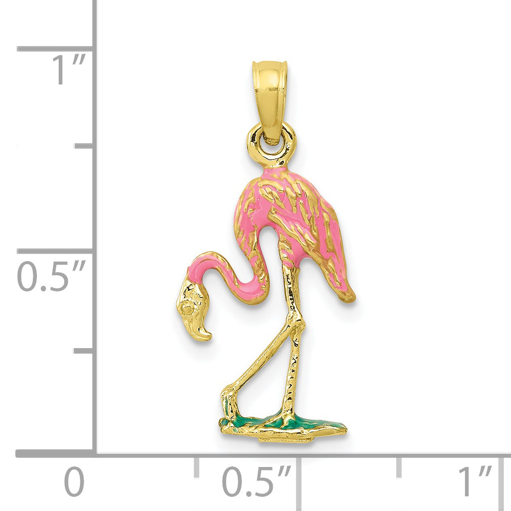 10K Yellow Gold 10K 3-D Enameled Pink Flamingo Pendant