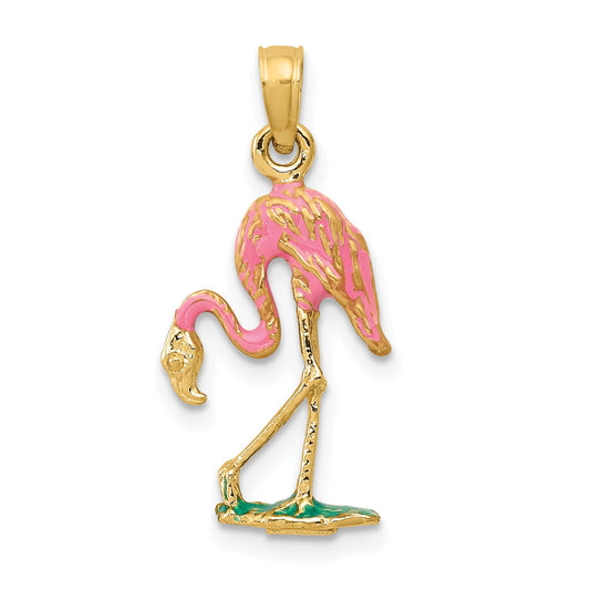 10K Yellow Gold 10K 3-D Enameled Pink Flamingo Pendant