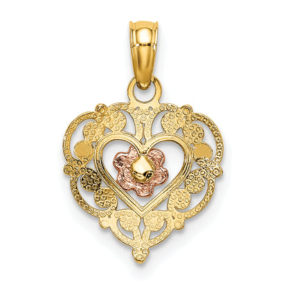 10K Two-Tone 10K Polished Flower In Fancy Border Heart Pendant