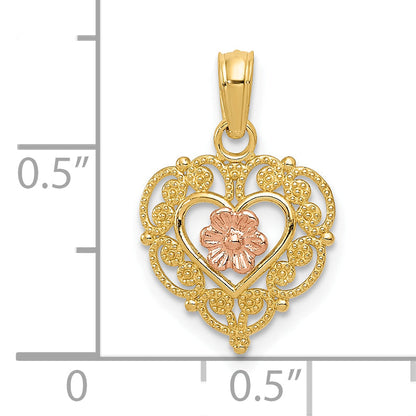 10K Two-Tone 10K Polished Flower In Fancy Border Heart Pendant