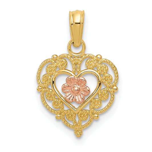 10K Two-Tone 10K Polished Flower In Fancy Border Heart Pendant