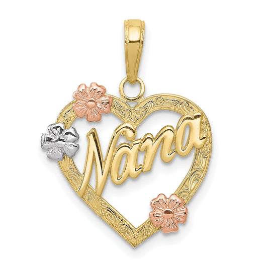 10K Tri Color 10K Tri-Color Nana In Heart With Flowers Pendant
