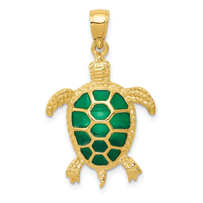 10K Yellow Gold 10K Green Enameled Sea Turtle Pendant