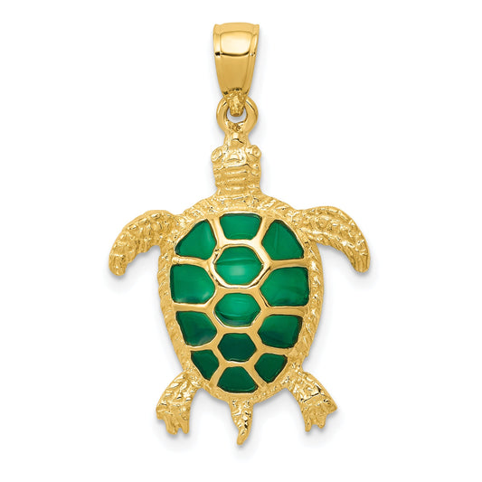 10K Yellow Gold 10K Green Enameled Sea Turtle Pendant