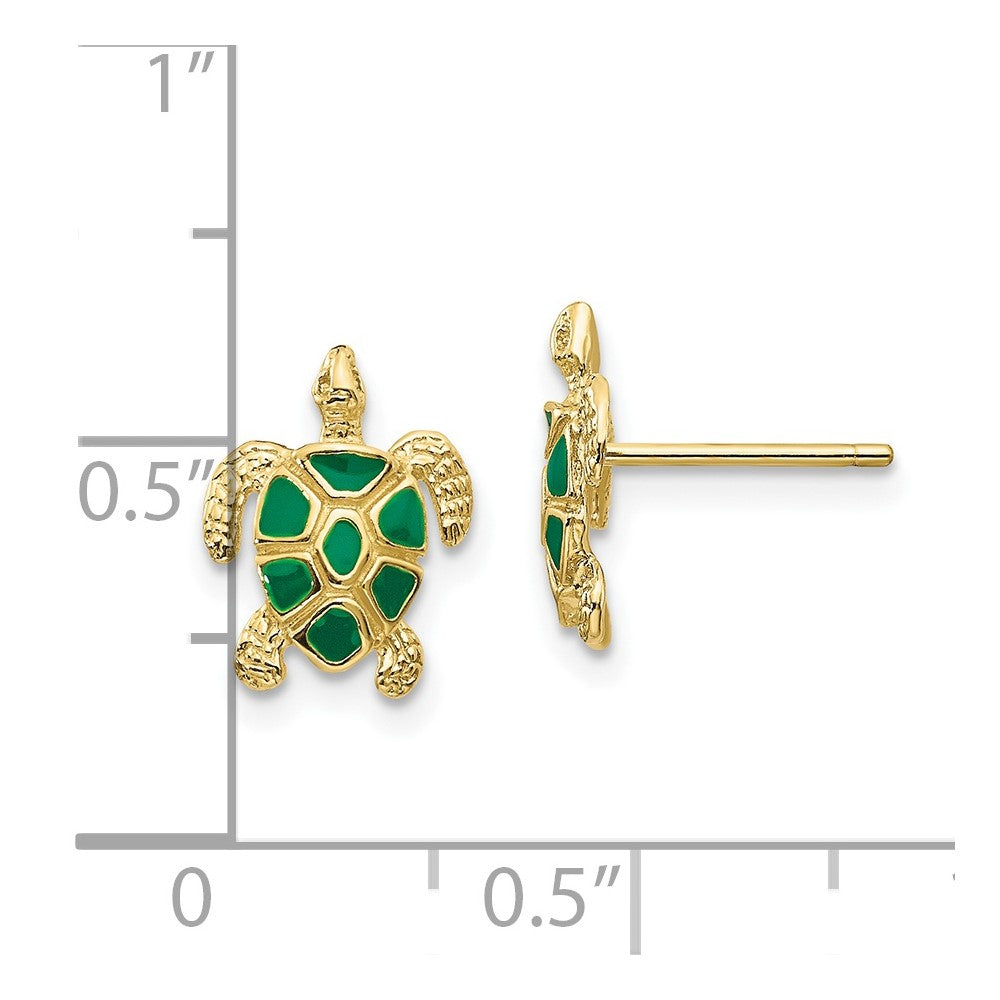 10K Yellow Gold 10K Green Enameled Sea Turtle Post Earrings