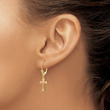10K Two-Tone 10K Heart On Cross Leverback Earrings
