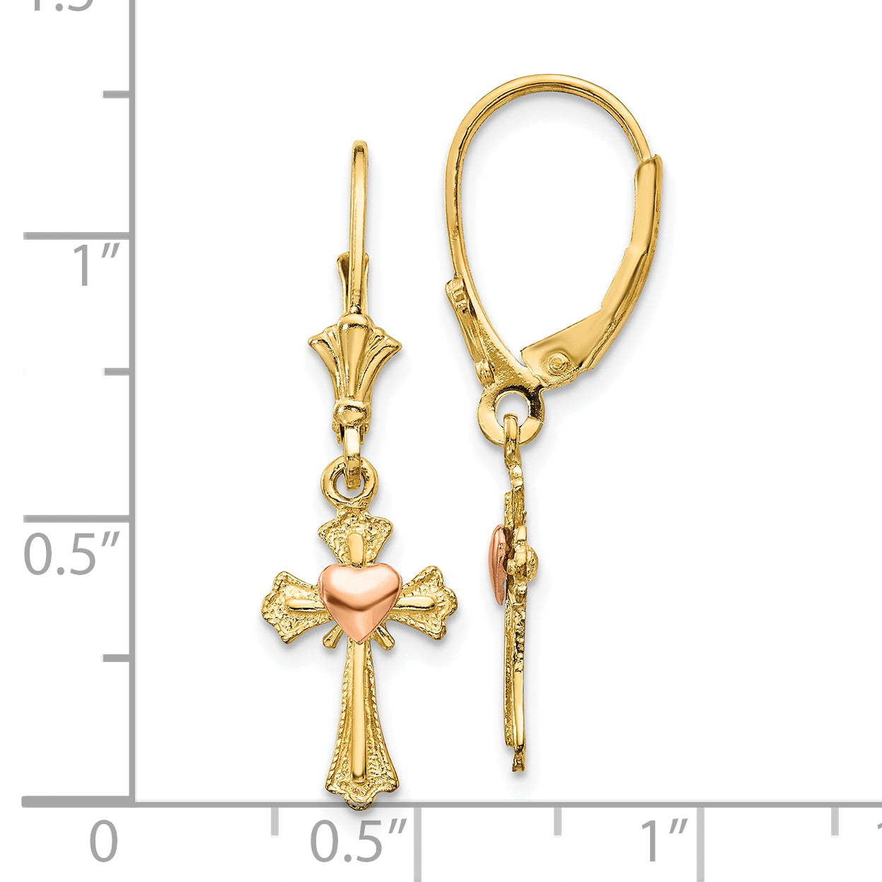 10K Two-Tone 10K Heart On Cross Leverback Earrings