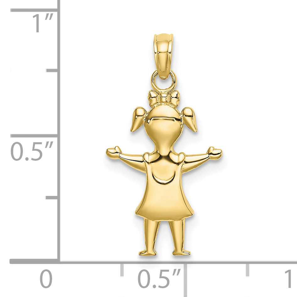 10K Yellow Gold Solid Polished Girl With Pig-Tails Charm