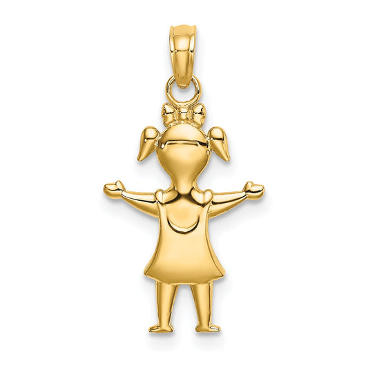 10K Yellow Gold Solid Polished Girl With Pig-Tails Charm